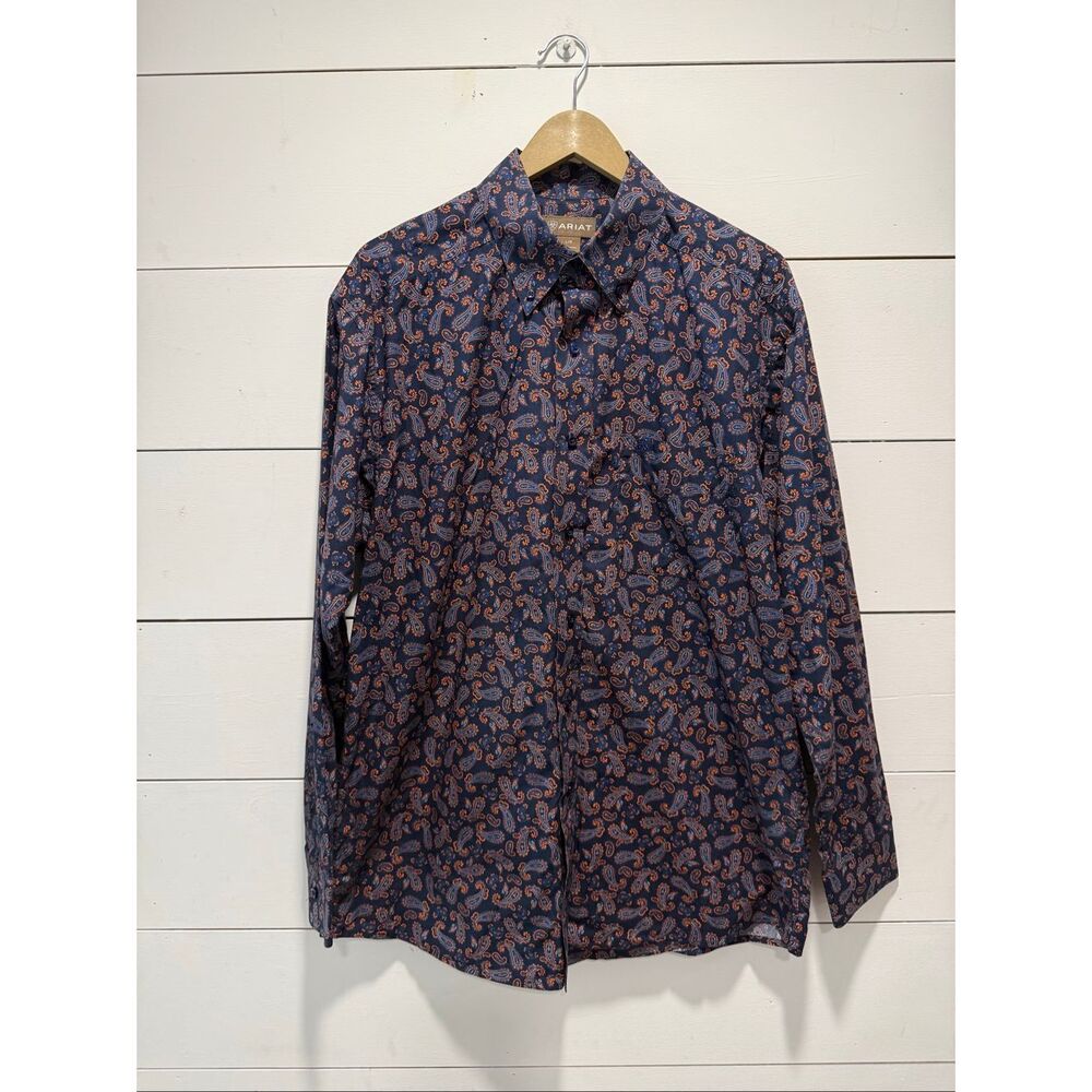 Ariat Men’s Western Button Up Shirt Paisley Print Blue Orange Size Large L